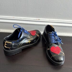 Dolce & Gabbana Black Shoes with Glitter Red Heart and Blue Laces